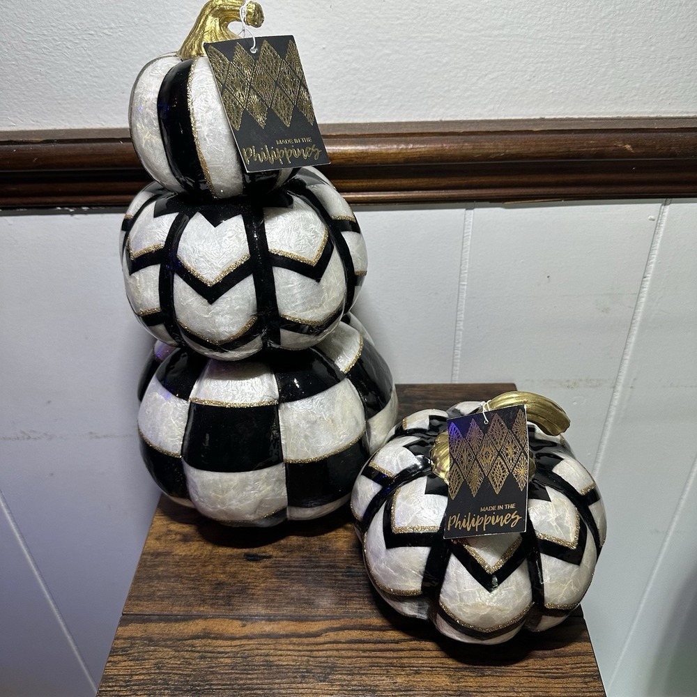 2 Black White Checkered Stacked Pumpkins Gold Stems Halloween Fall Topiary New - Picture 2 of 11